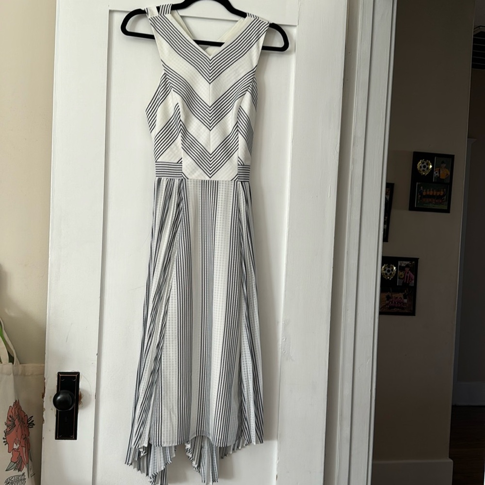 NWOT Adelyn Rae Vidette Pleated Stripe Black/ White Dress open back belt detail